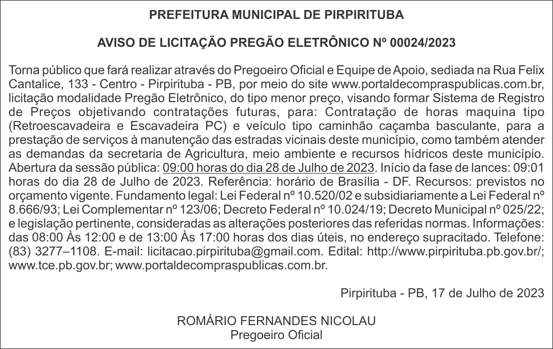 PREFEITURA MUNICIPAL DE PIRPIRITUBA – AVISO DE LICITAÇÃO – PREGÃO ELETRÔNICO Nº 00024/2023