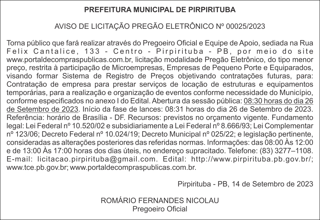 PREFEITURA MUNICIPAL DE PIRPIRITUBA – AVISO DE LICITAÇÃO – PREGÃO ELETRÔNICO Nº 00025/2023