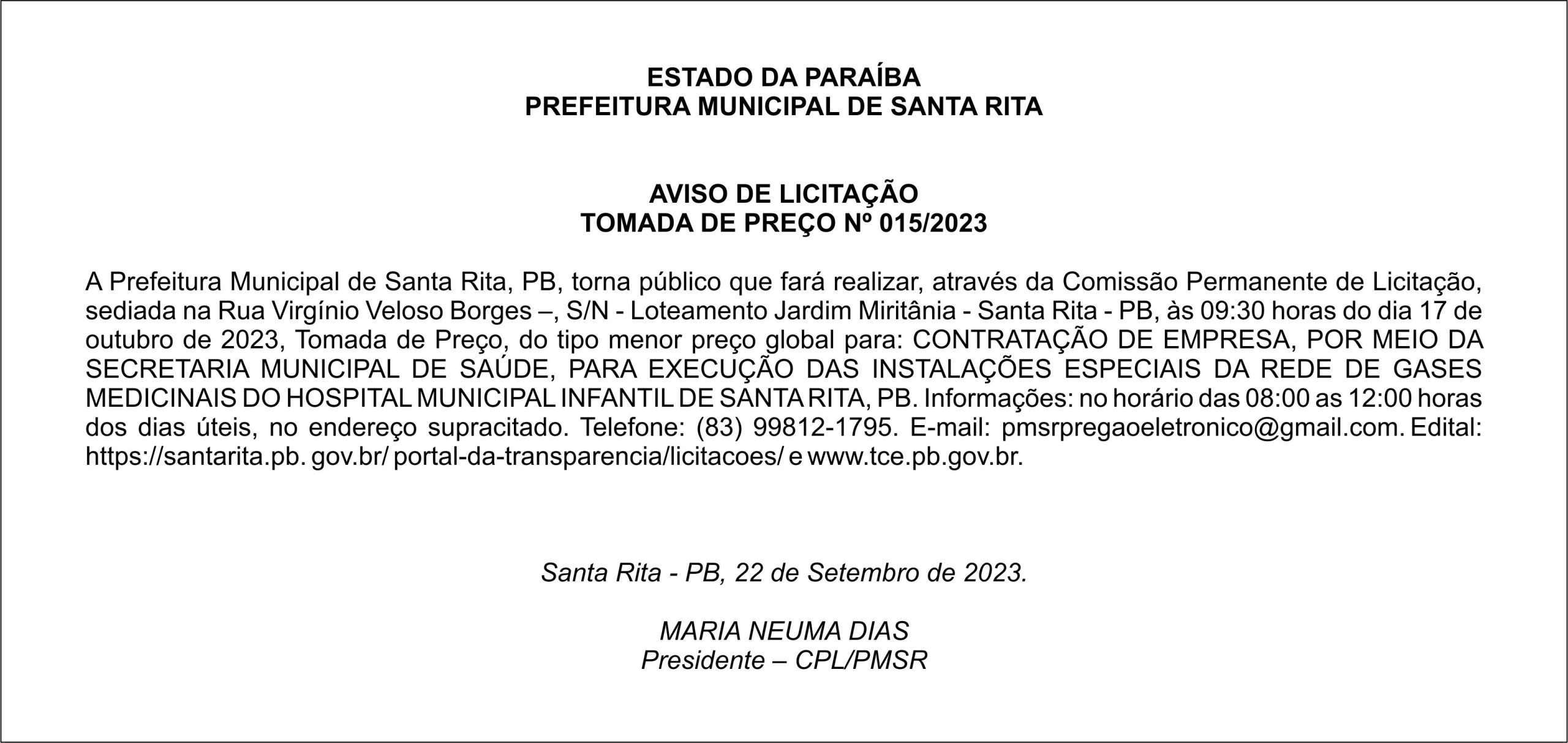 PREFEITURA MUNICIPAL DE SANTA RITA – AVISO DE LICITAÇÃO – TOMADA DE PREÇO Nº 015/2023