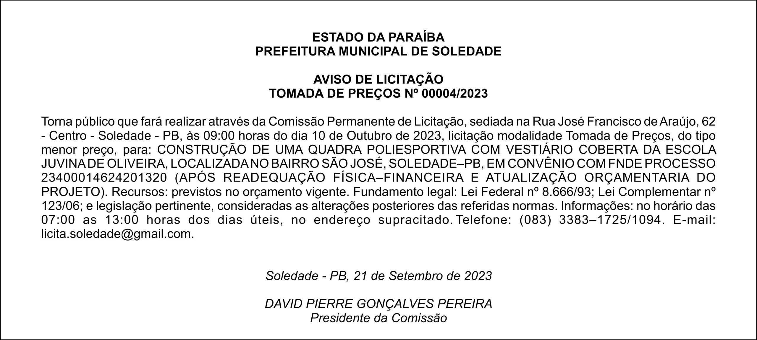 PREFEITURA MUNICIPAL DE SOLEDADE – AVISO DE LICITAÇÃO – TOMADA DE PREÇOS Nº 00004/2023
