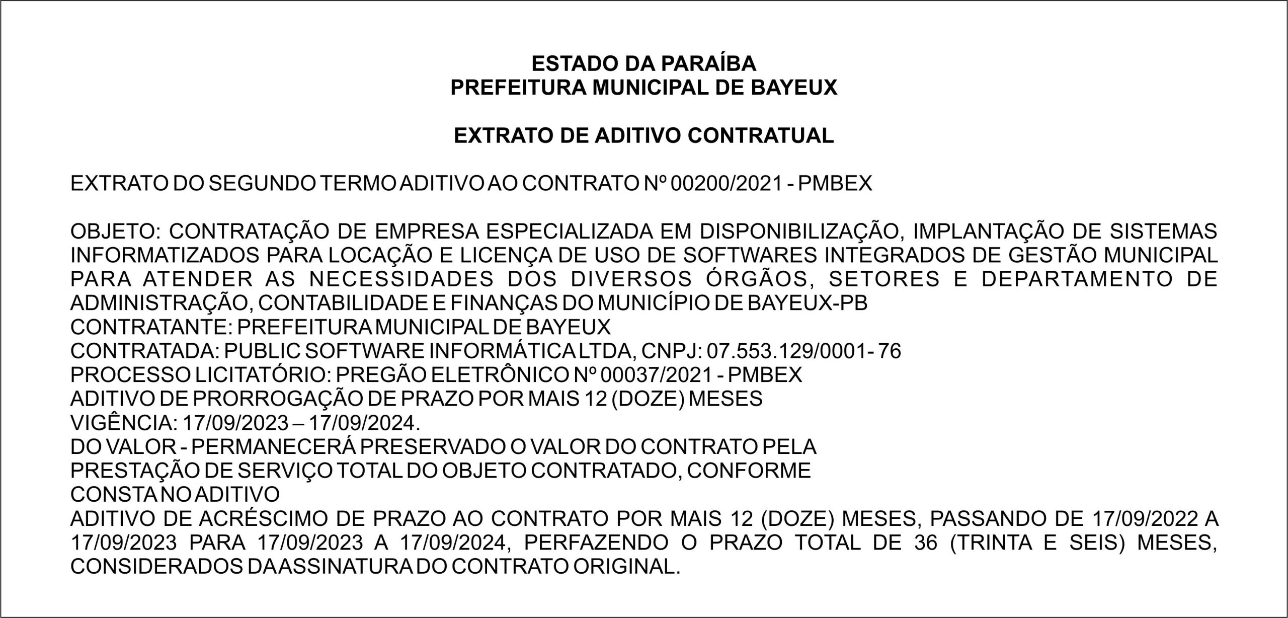 PREFEITURA MUNICIPAL DE BAYEUX – EXTRATO DE ADITIVO CONTRATUAL