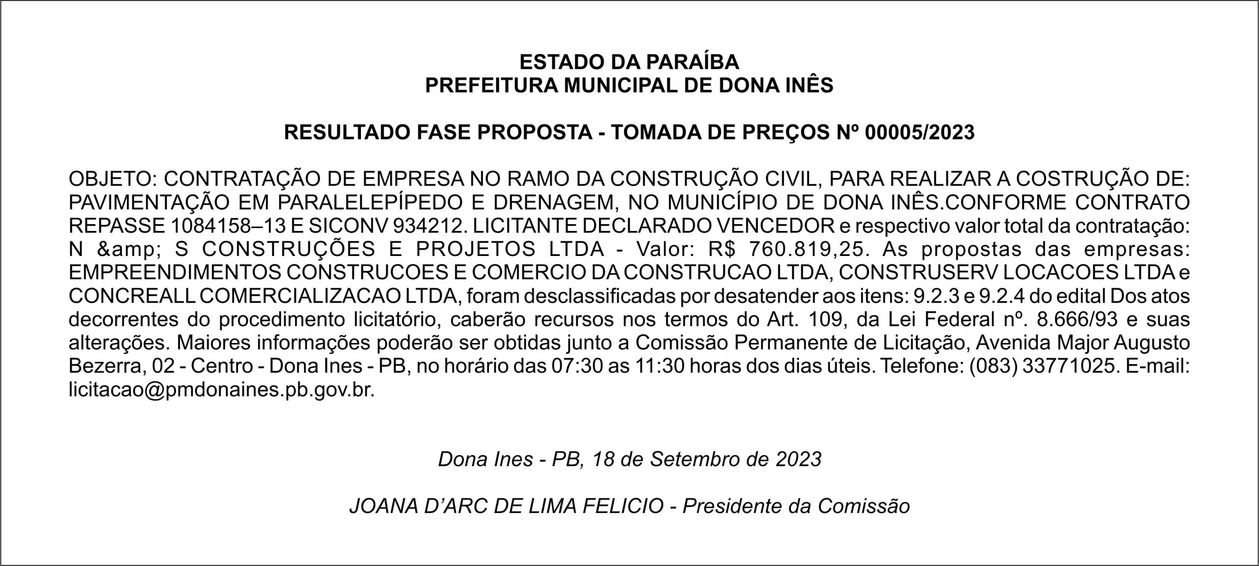 PREFEITURA MUNICIPAL DE DONA INÊS – RESULTADO FASE PROPOSTA – TOMADA DE PREÇOS Nº 00005/2023