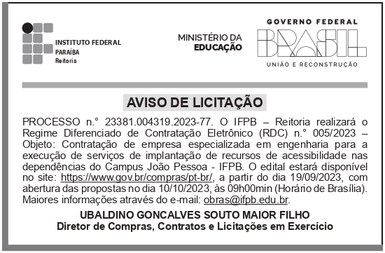 IFPB – PB – JOÃO PESSOA – REITORIA – EDITAL – RDC ELETRÔNICO n.° 005/2023 – Campus João Pessoa