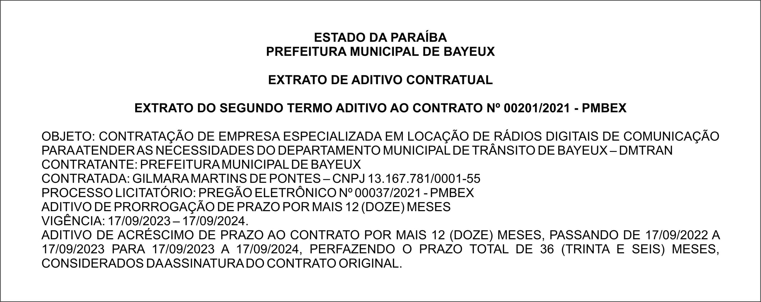 PREFEITURA MUNICIPAL DE BAYEUX – EXTRATO DE ADITIVO CONTRATUAL