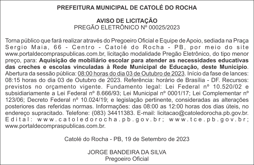 PREFEITURA MUNICIPAL DE CATOLÉ DO ROCHA – AVISO DE LICITAÇÃO – PREGÃO ELETRÔNICO Nº 00025/2023