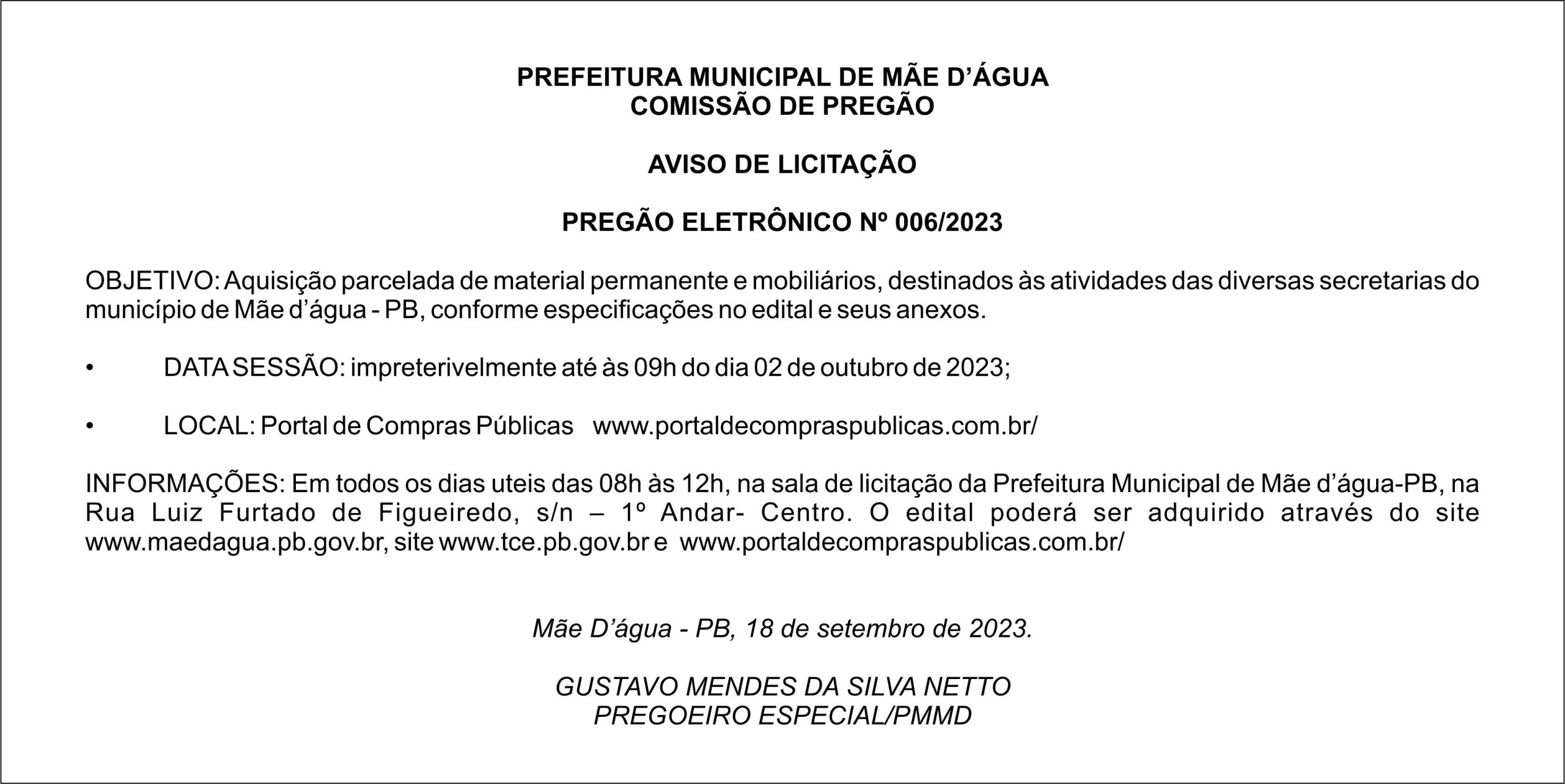 PREFEITURA MUNICIPAL DE MÃE D’ÁGUA – AVISO DE LICITAÇÃO – PREGÃO ELETRÔNICO Nº 006/2023
