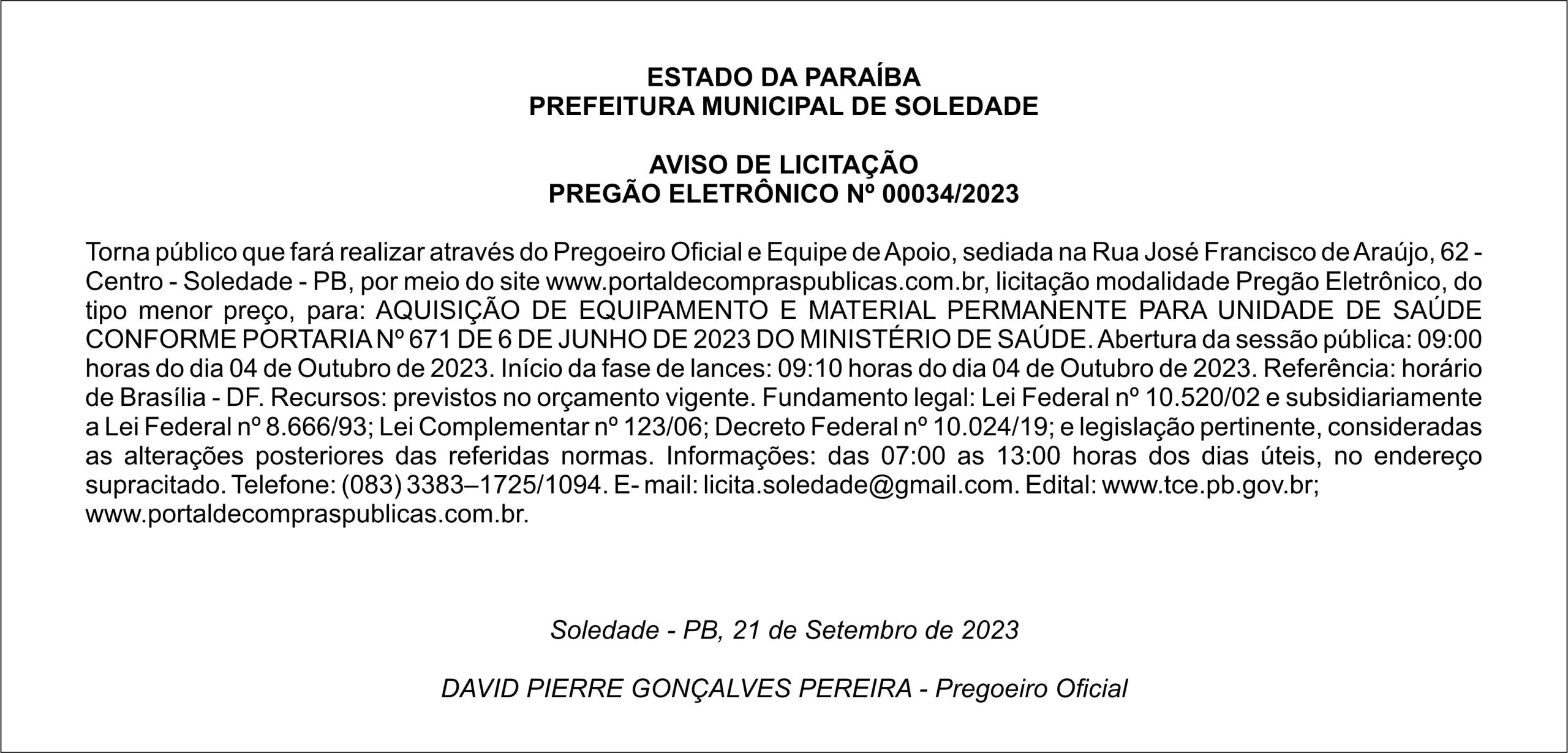 PREFEITURA MUNICIPAL DE SOLEDADE – AVISO DE LICITAÇÃO – PREGÃO ELETRÔNICO Nº 00034/2023