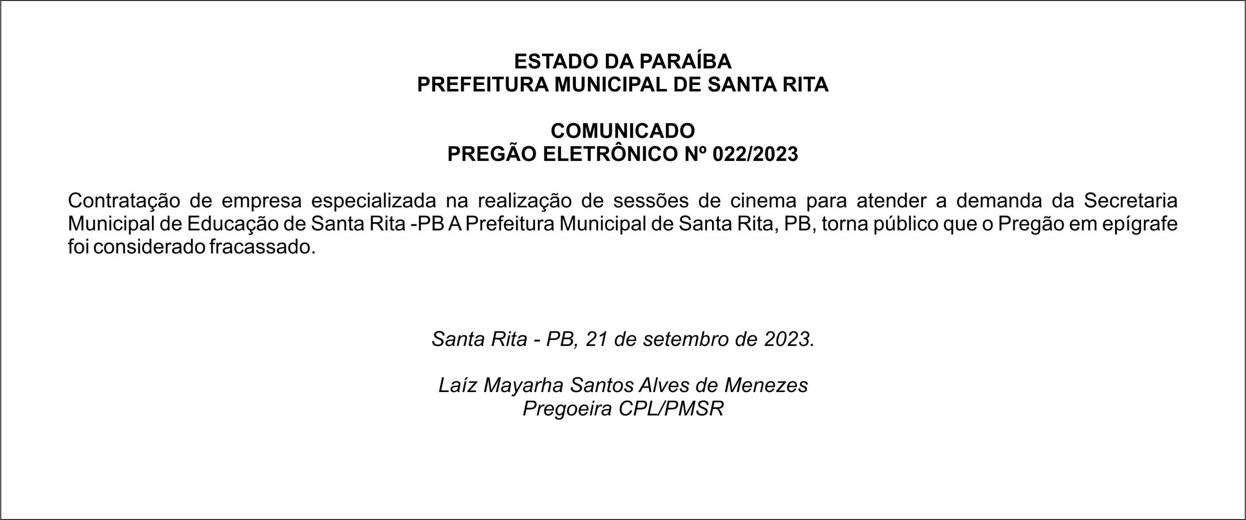 PREFEITURA MUNICIPAL DE SANTA RITA – COMUNICADO – PREGÃO ELETRÔNICO Nº 022/2023