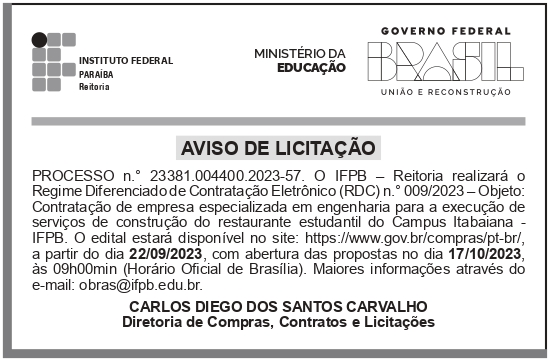 IFPB – PB – JOÃO PESSOA – REITORIA – AVISO DE LICITAÇÃO – PROCESSO n.° 23381.004400.2023-57