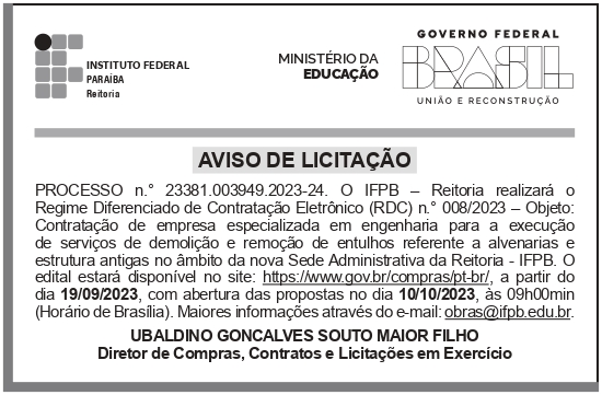IFPB – PB – JOÃO PESSOA – REITORIA – EDITAL – RDC ELETRÔNICO n.° 008/2023 – Reitoria