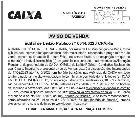CAIXA ECONÔMICA FEDERAL – DF – BRASILIA – Edital de Leilão Público no 0014/0223 CPA/RE