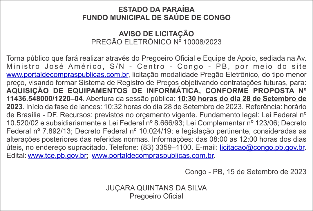 FUNDO MUNICIPAL DE SAÚDE DE CONGO – AVISO DE LICITAÇÃO – PREGÃO ELETRÔNICO Nº 10008/2023