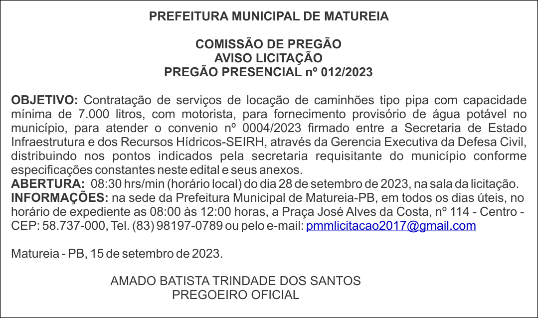 PREFEITURA MUNICIPAL DE MATUREIA – AVISO LICITAÇÃO – PREGÃO PRESENCIAL nº 012/2023