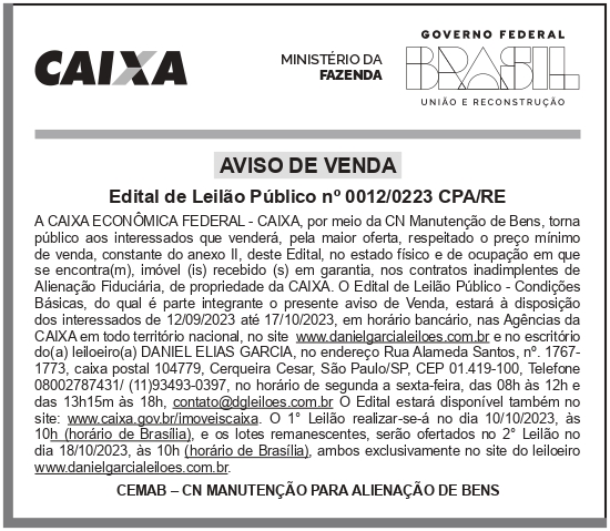 CAIXA ECONÔMICA FEDERAL – DF – BRASILIA – Edital de Leilão Público no 0012/0223 CPA/RE