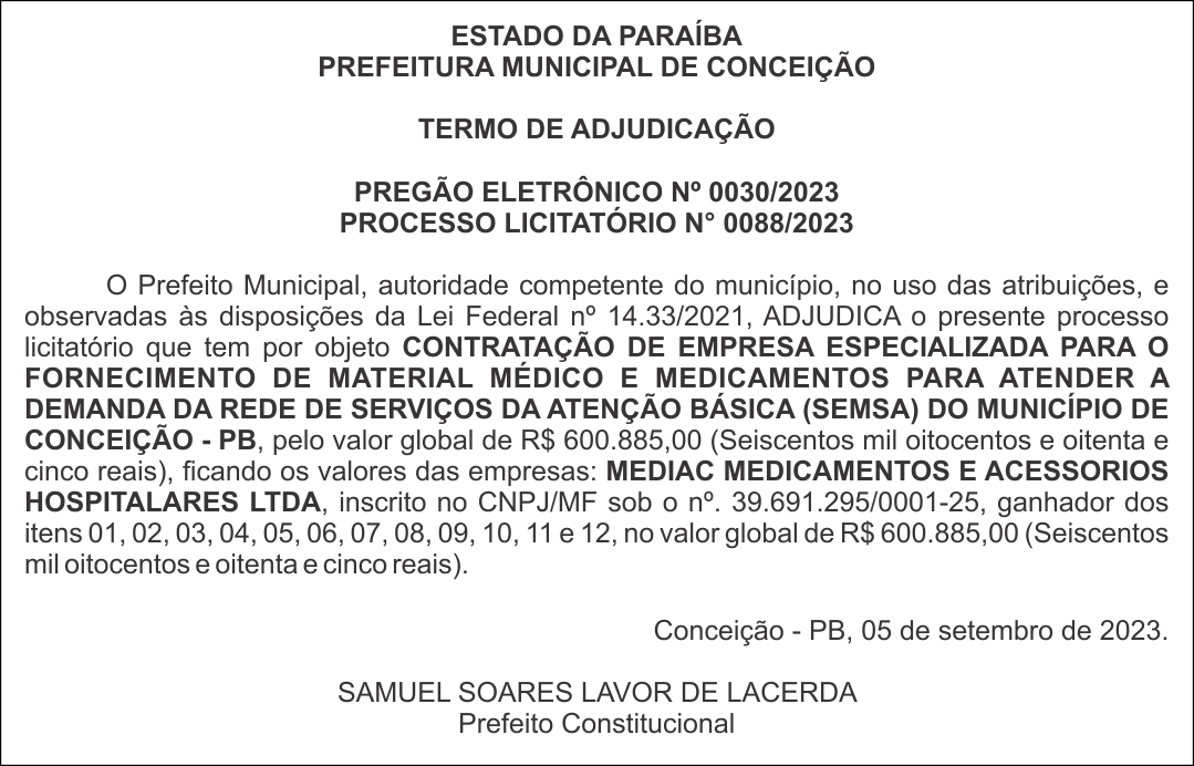 PREFEITURA MUNICIPAL DE CONCEIÇÃO – TERMO DE ADJUDICAÇÃO – PREGÃO ELETRÔNICO Nº 0030/2023