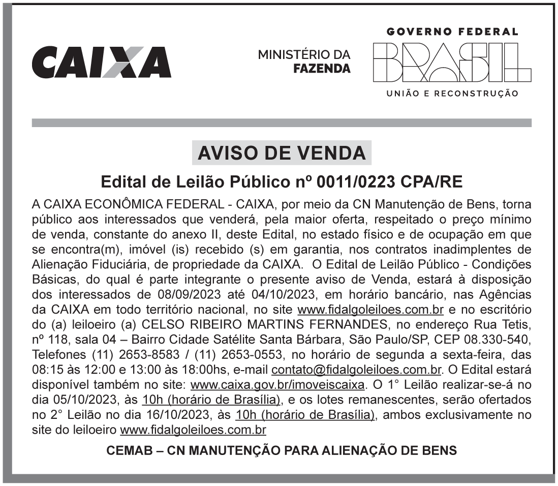 CAIXA ECONÔMICA FEDERAL – DF – BRASILIA – Edital de Leilão Público nº 0011/0223 CPA/RE