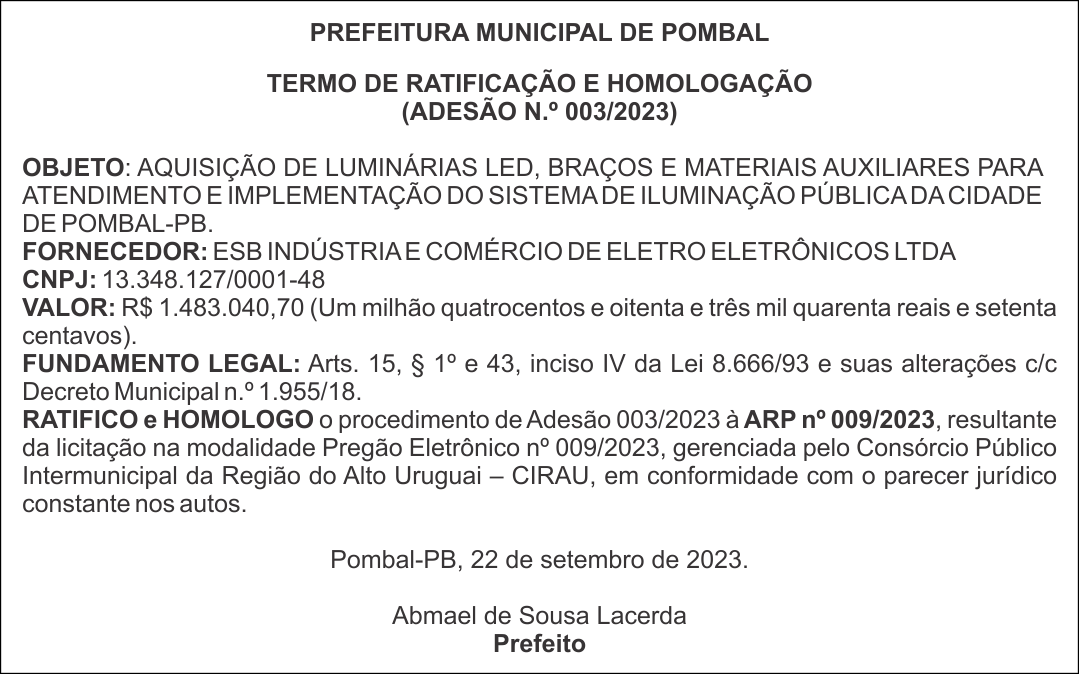 PREFEITURA MUNICIPAL DE POMBAL – TERMO DE RATIFICAÇÃO E HOMOLOGAÇÃO (ADESÃO N.º 003/2023)