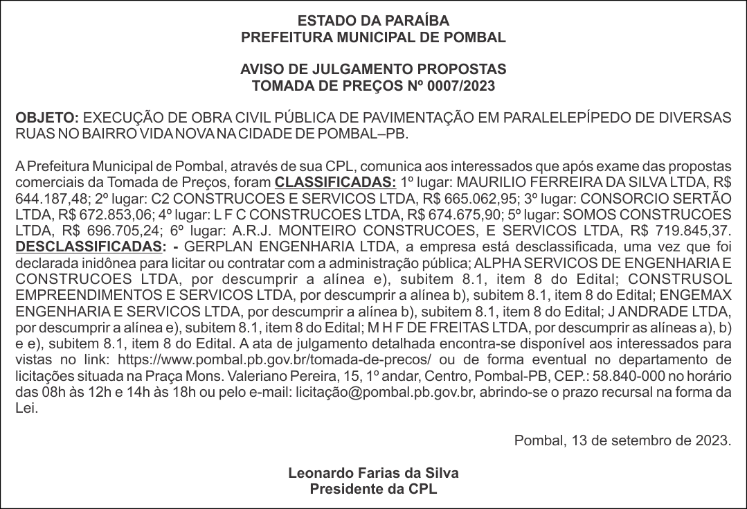 PREFEITURA MUNICIPAL DE POMBAL – AVISO DE JULGAMENTO PROPOSTAS – TOMADA DE PREÇOS Nº 0007/2023