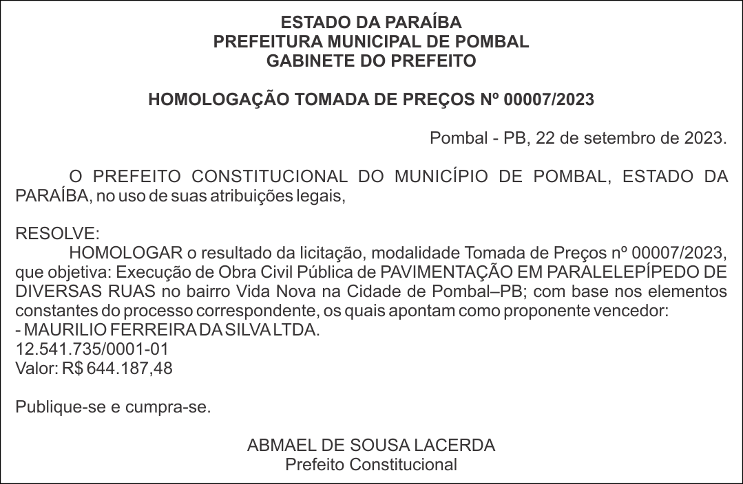 PREFEITURA MUNICIPAL DE POMBAL – HOMOLOGAÇÃO – TOMADA DE PREÇOS Nº 00007/2023