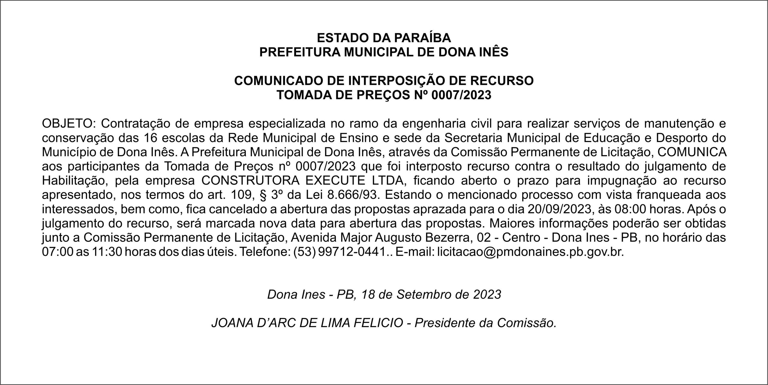 PREFEITURA MUNICIPAL DE DONA INÊS – COMUNICADO DE INTERPOSIÇÃO DE RECURSO – TOMADA DE PREÇOS Nº 0007/2023