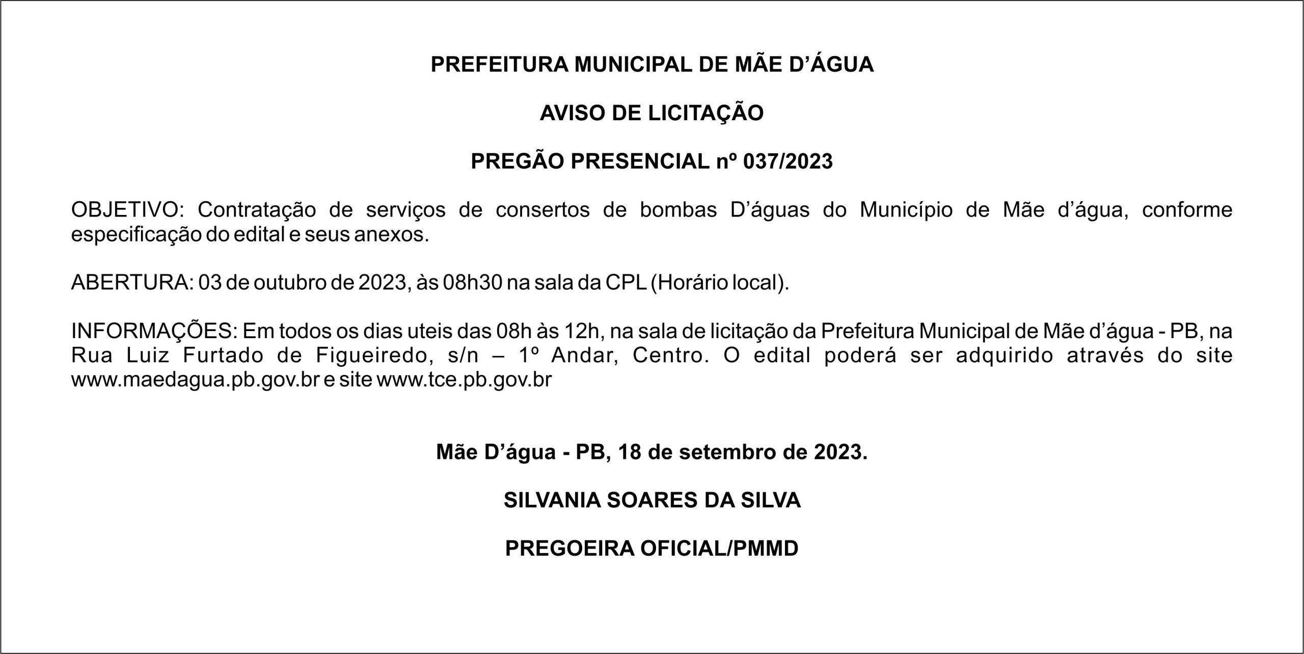 PREFEITURA MUNICIPAL DE MÃE D’ÁGUA – AVISO DE LICITAÇÃO – PREGÃO PRESENCIAL nº 037/2023