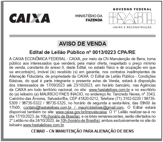 CAIXA ECONÔMICA FEDERAL – DF – BRASILIA – Edital de Leilão Público no 0013/0223 CPA/RE