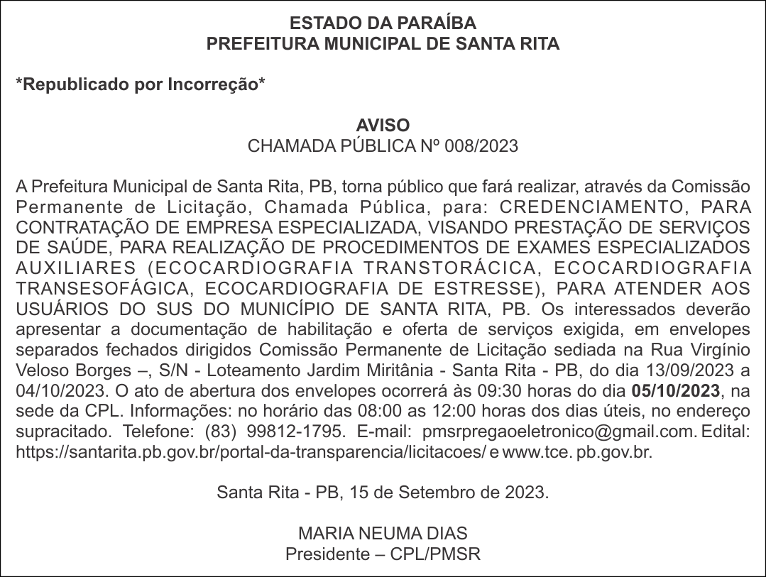 PREFEITURA MUNICIPAL DE SANTA RITA – *Republicado por Incorreção* – AVISO – CHAMADA PÚBLICA Nº 008/2023