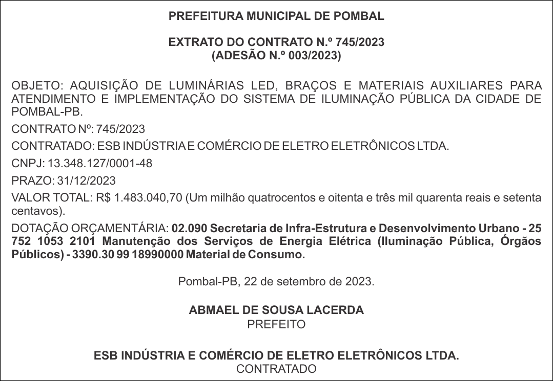 PREFEITURA MUNICIPAL DE POMBAL – EXTRATO DO CONTRATO N.º 745/2023 (ADESÃO N.º 003/2023)