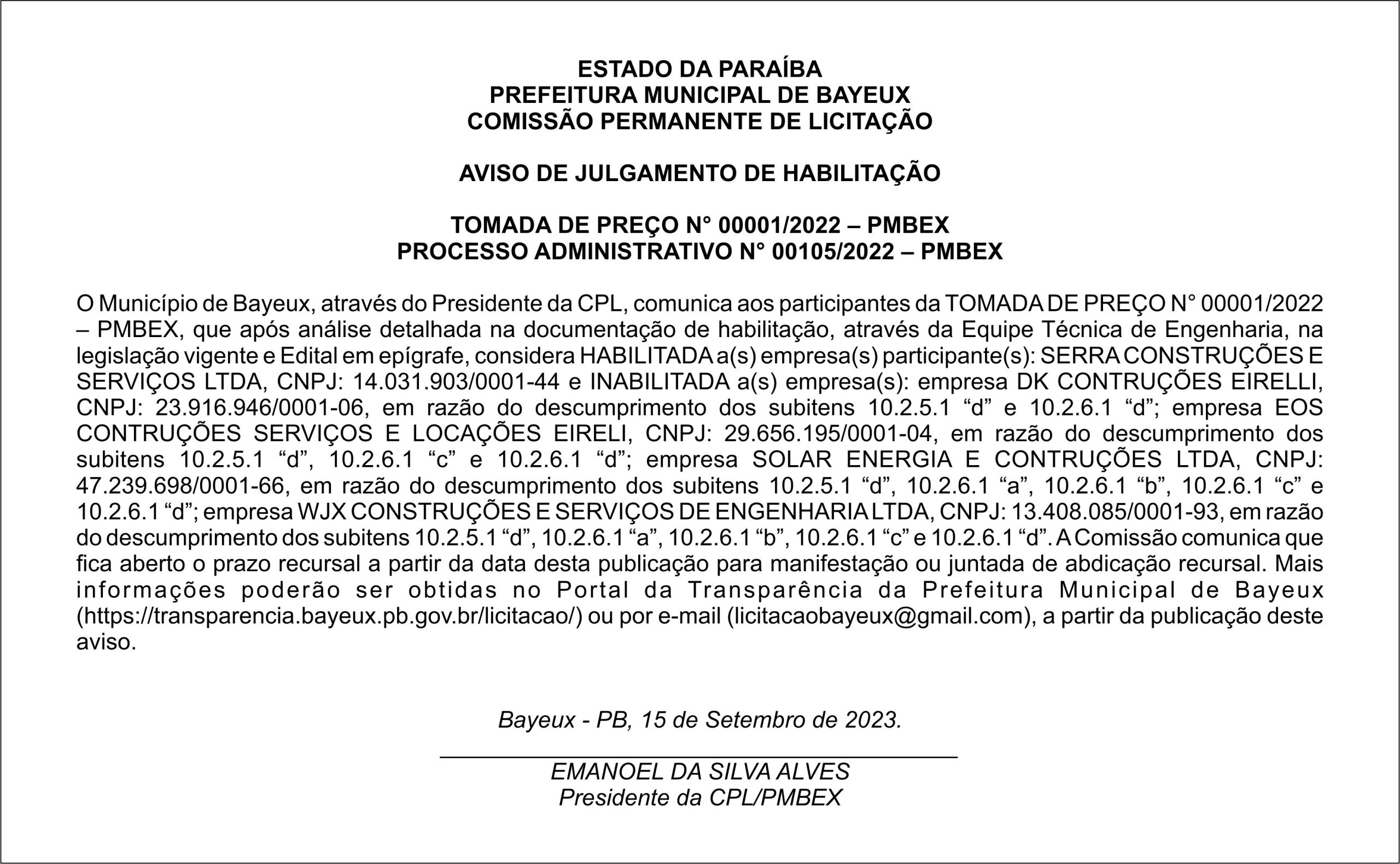PREFEITURA MUNICIPAL DE BAYEUX – AVISO DE JULGAMENTO DE HABILITAÇÃO – TOMADA DE PREÇO N° 00001/2022 – PMBEX
