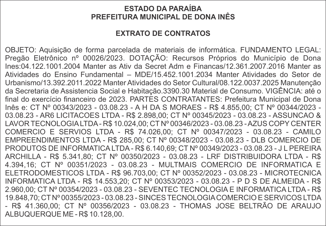 PREFEITURA MUNICIPAL DE DONA INÊS – EXTRATO DE CONTRATOS