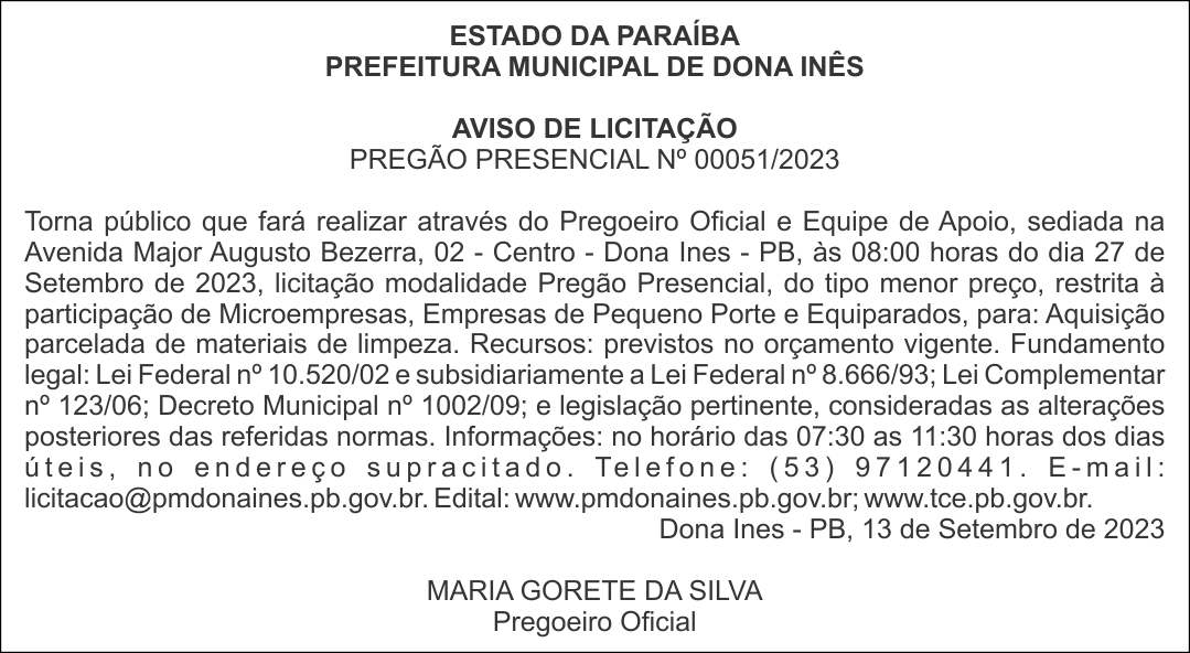 PREFEITURA MUNICIPAL DE DONA INÊS – AVISO DE LICITAÇÃO – PREGÃO PRESENCIAL Nº 00051/2023