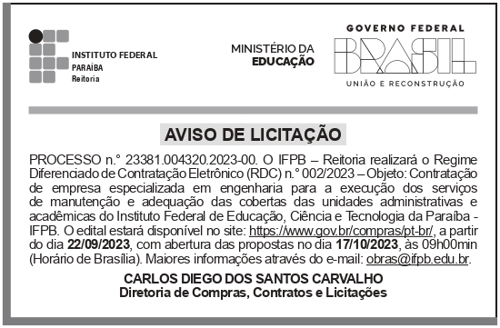 IFPB – PB – JOÃO PESSOA – REITORIA – AVISO DE LICITAÇÃO – PROCESSO n.° 23381.004320.2023-00