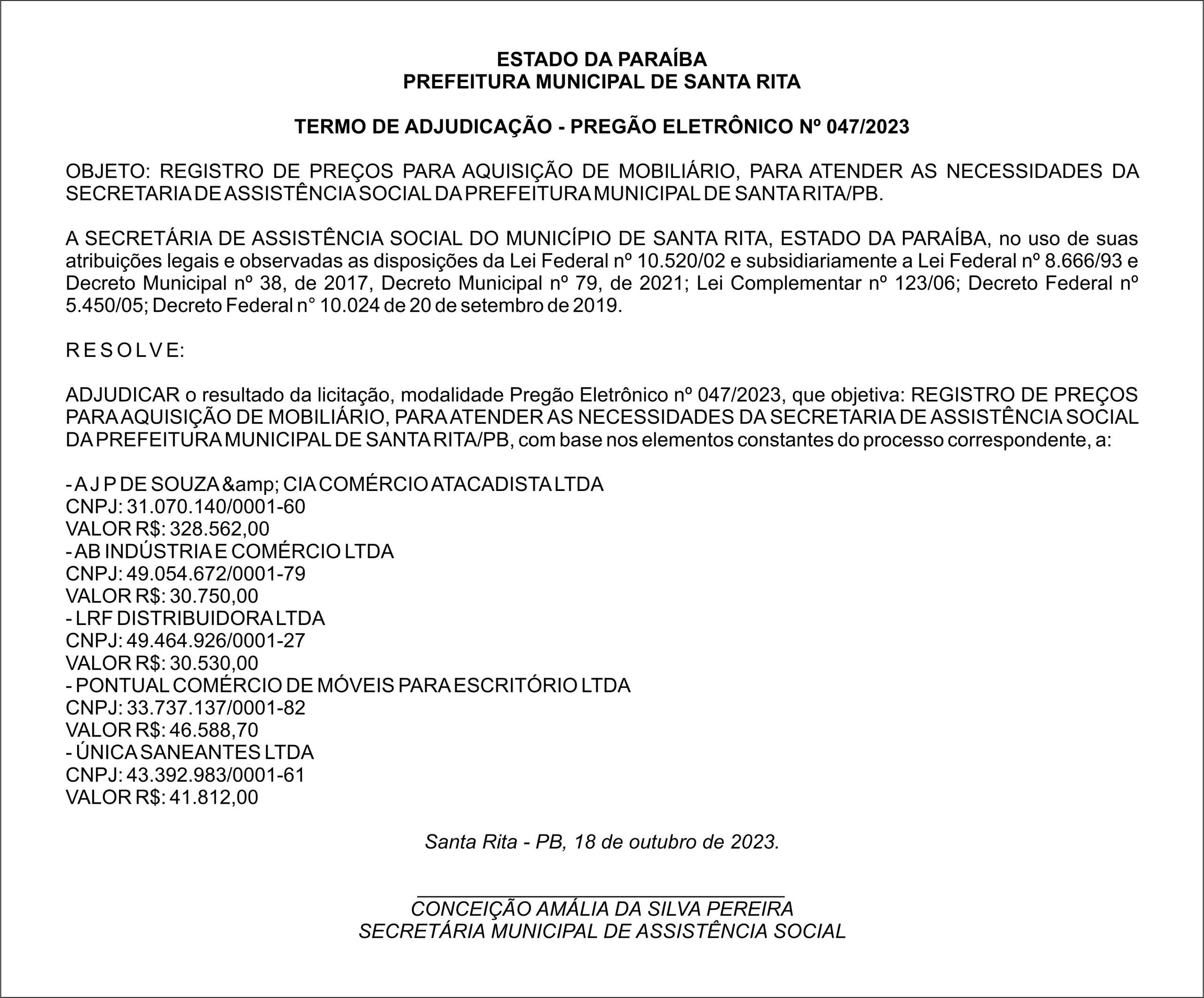 PREFEITURA MUNICIPAL DE SANTA RITA – TERMO DE ADJUDICAÇÃO – PREGÃO ELETRÔNICO Nº 047/2023