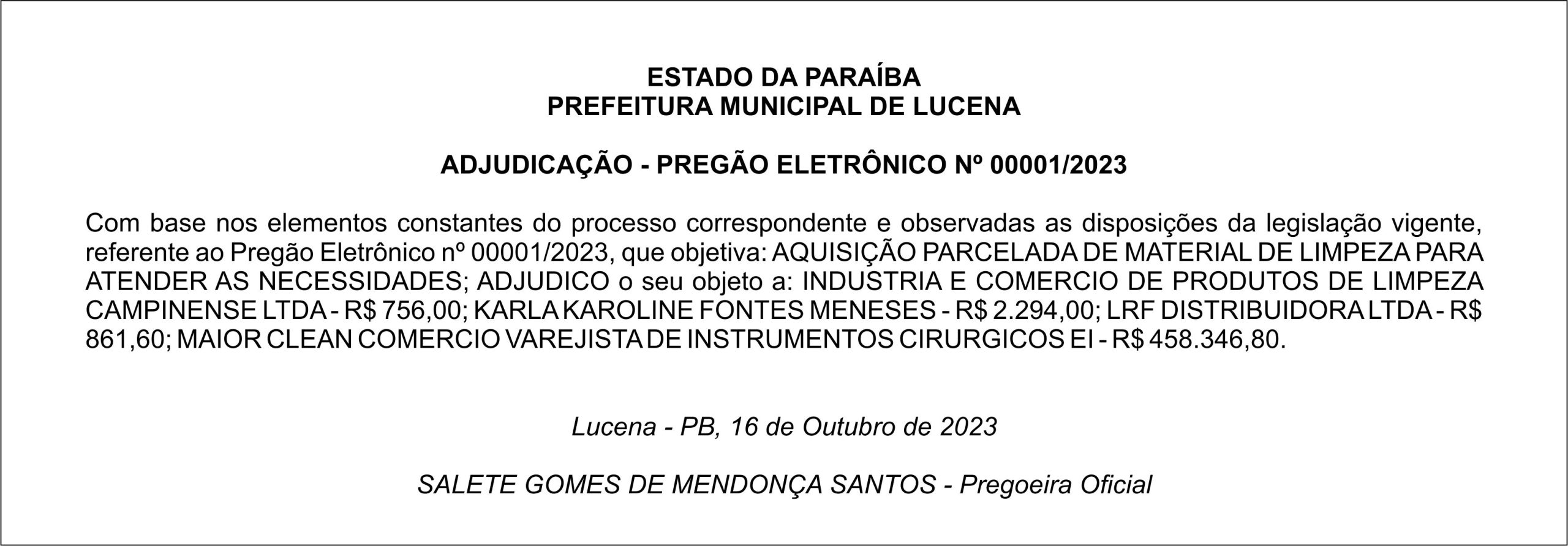 PREFEITURA MUNICIPAL DE LUCENA – ADJUDICAÇÃO – PREGÃO ELETRÔNICO Nº 00001/2023