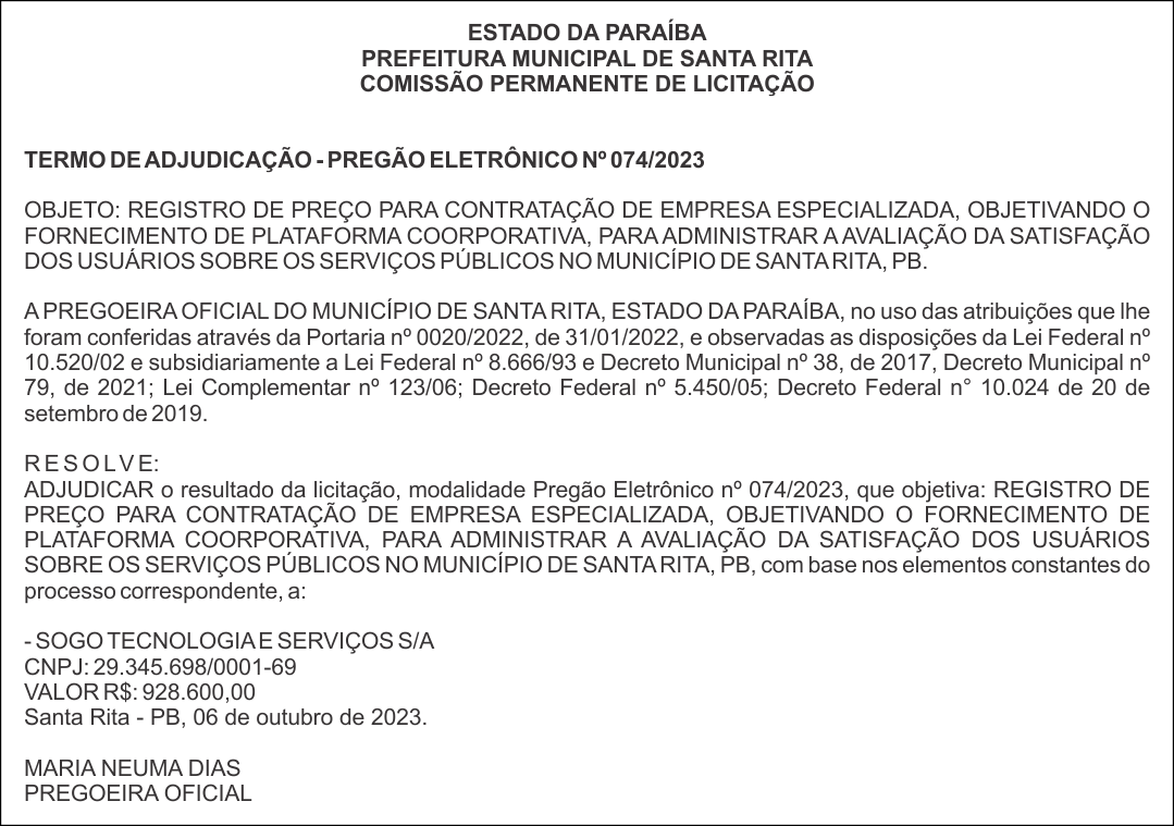 PREFEITURA MUNICIPAL DE SANTA RITA – TERMO DE ADJUDICAÇÃO – PREGÃO ELETRÔNICO Nº 074/2023
