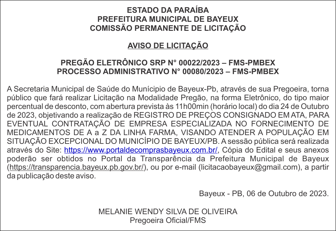 PREFEITURA MUNICIPAL DE BAYEUX – AVISO DE LICITAÇÃO – PREGÃO ELETRÔNICO SRP N° 00022/2023 – FMS-PMBEX