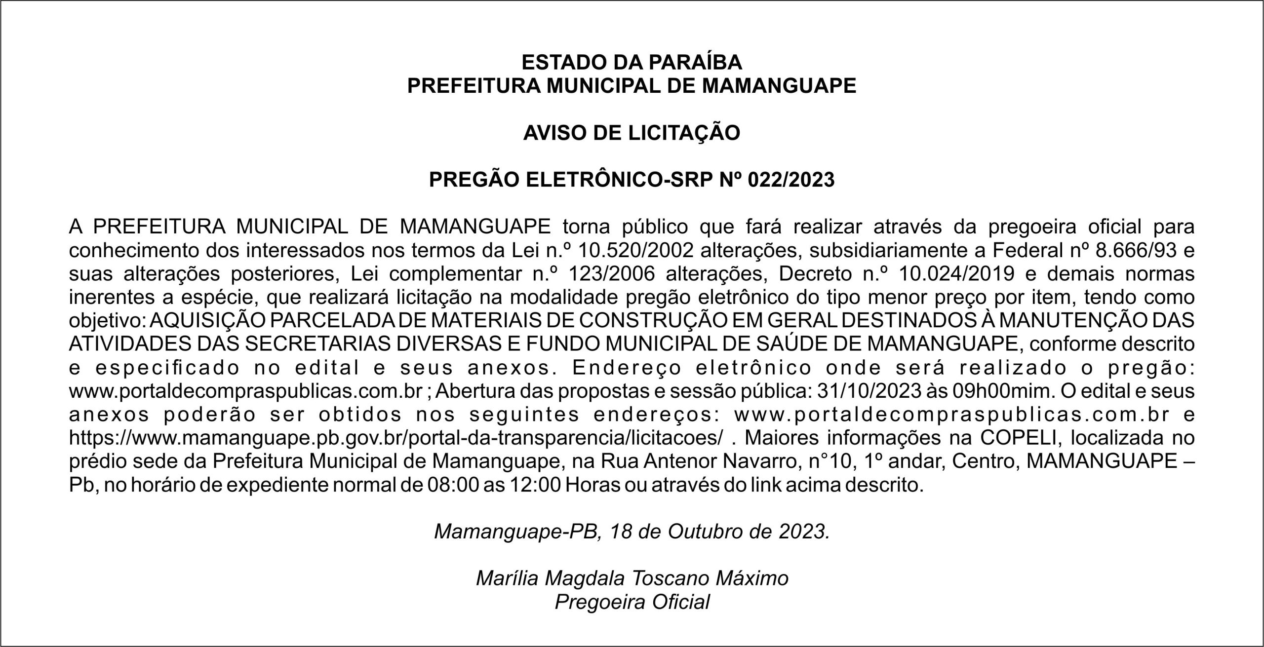 PREFEITURA MUNICIPAL DE MAMANGUAPE – AVISO DE LICITAÇÃO – PREGÃO ELETRÔNICO-SRP Nº 022/2023