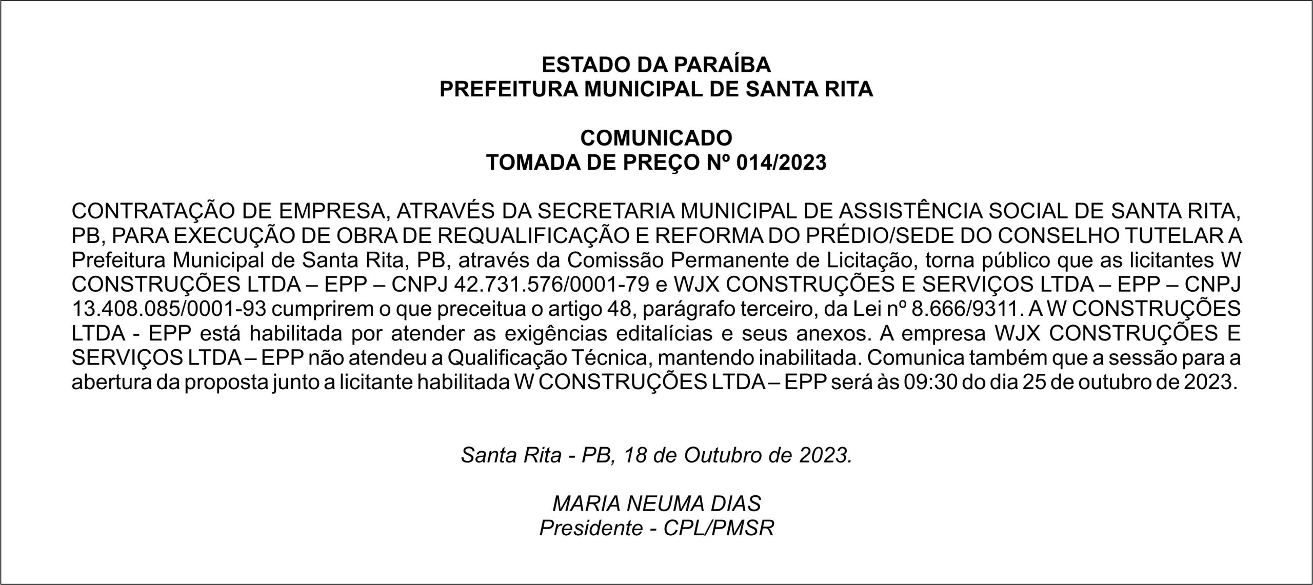 PREFEITURA MUNICIPAL DE SANTA RITA – COMUNICADO – TOMADA DE PREÇO Nº 014/2023