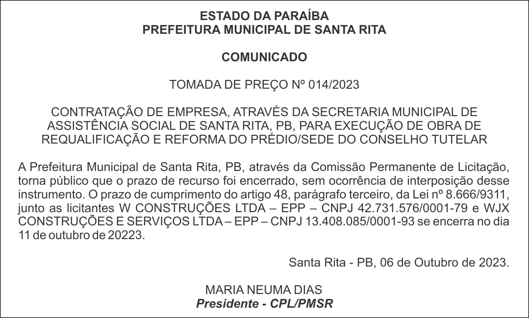 PREFEITURA MUNICIPAL DE SANTA RITA – COMUNICADO – TOMADA DE PREÇO Nº 014/2023