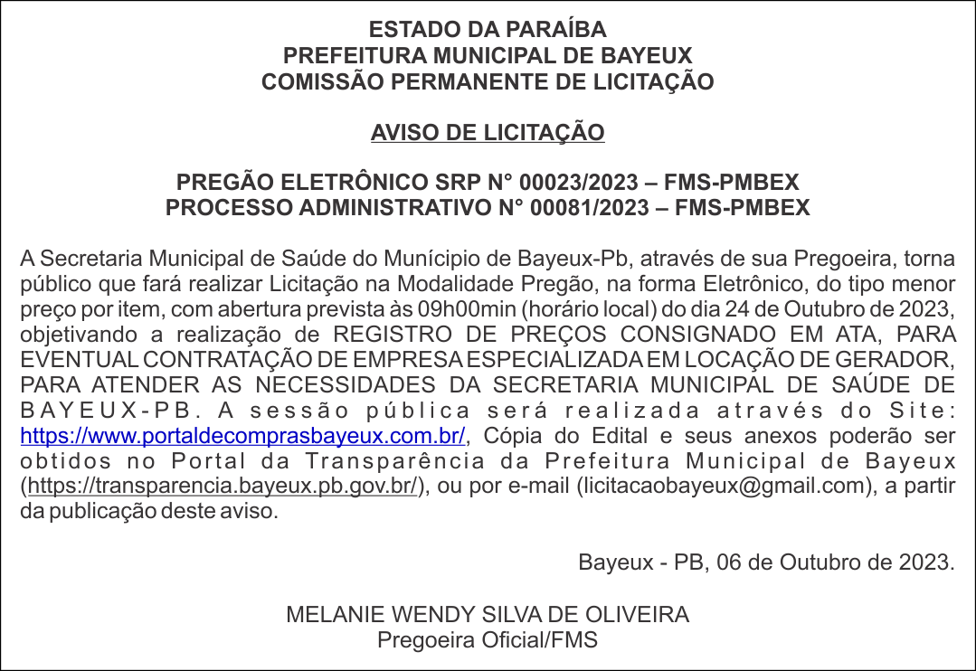 PREFEITURA MUNICIPAL DE BAYEUX – AVISO DE LICITAÇÃO – PREGÃO ELETRÔNICO SRP N° 00023/2023 – FMS-PMBEX
