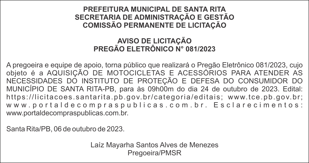 PREFEITURA MUNICIPAL DE SANTA RITA – AVISO DE LICITAÇÃO – PREGÃO ELETRÔNICO N° 081/2023