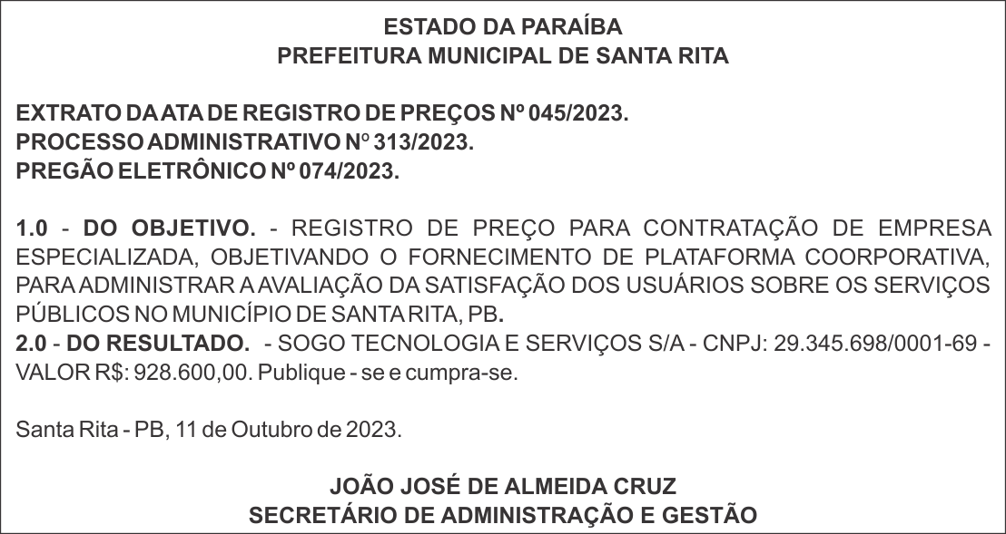 PREFEITURA MUNICIPAL DE SANTA RITA – EXTRATO DA ATA DE REGISTRO DE PREÇOS Nº 045/2023 – PREGÃO ELETRÔNICO Nº 074/2023