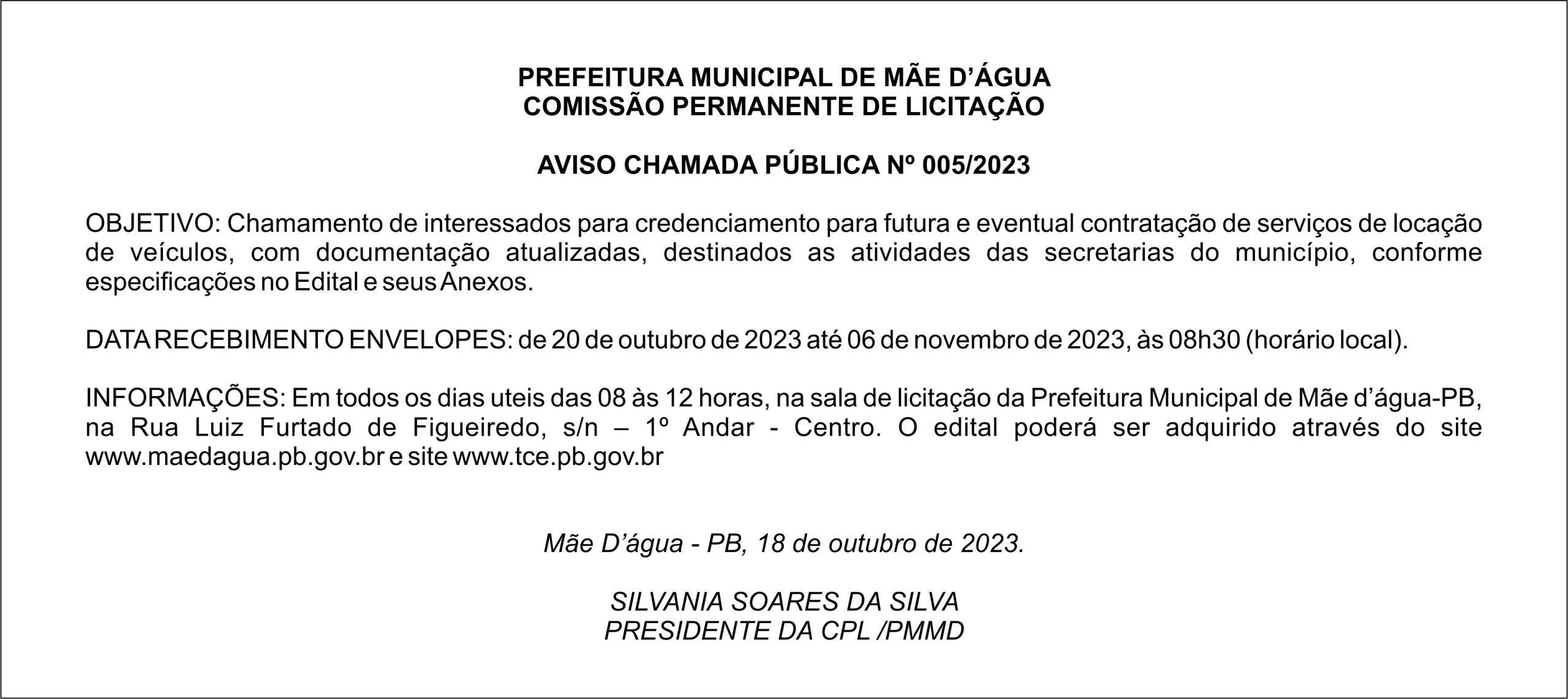 PREFEITURA MUNICIPAL DE MÃE D’ÁGUA – COMISSÃO PERMANENTE DE LICITAÇÃO – AVISO CHAMADA PÚBLICA Nº 005/2023