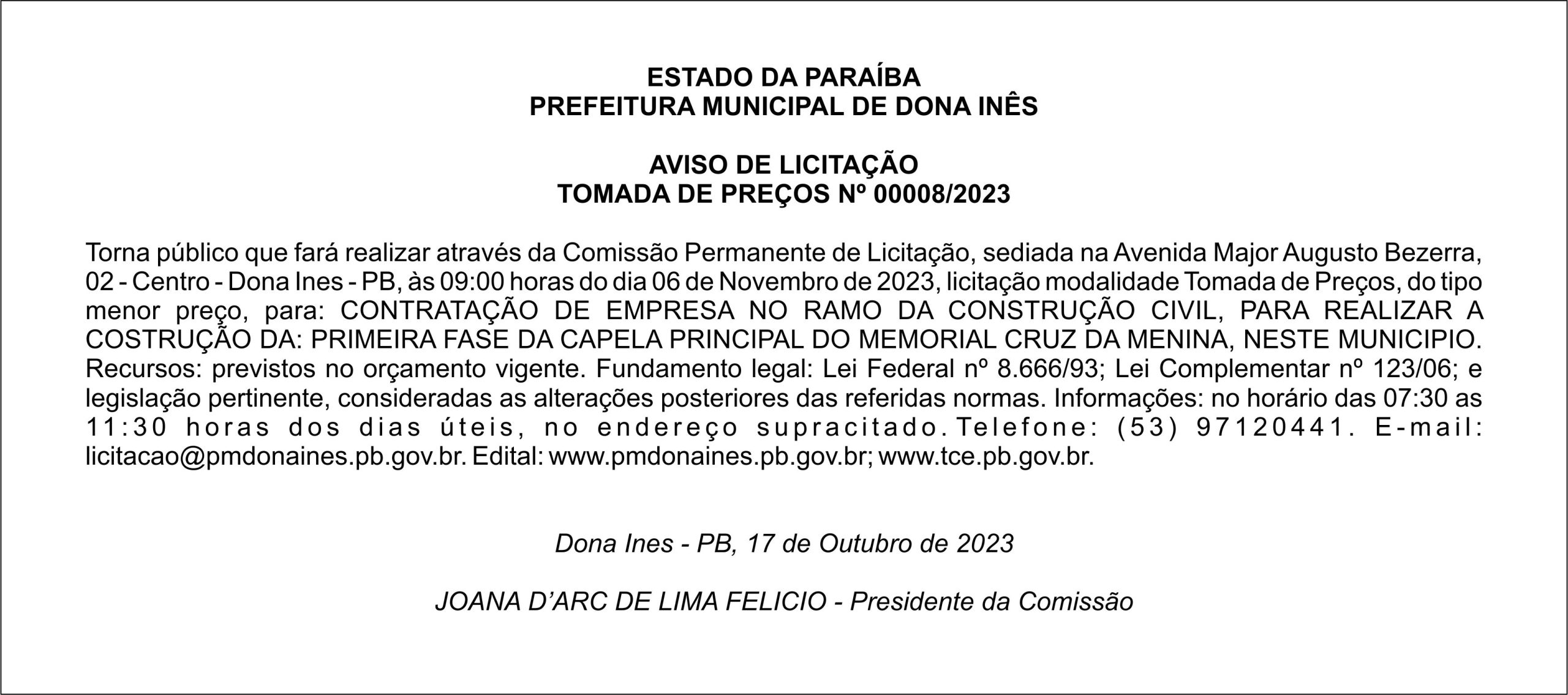 PREFEITURA MUNICIPAL DE DONA INÊS – AVISO DE LICITAÇÃO – TOMADA DE PREÇOS Nº 00008/2023