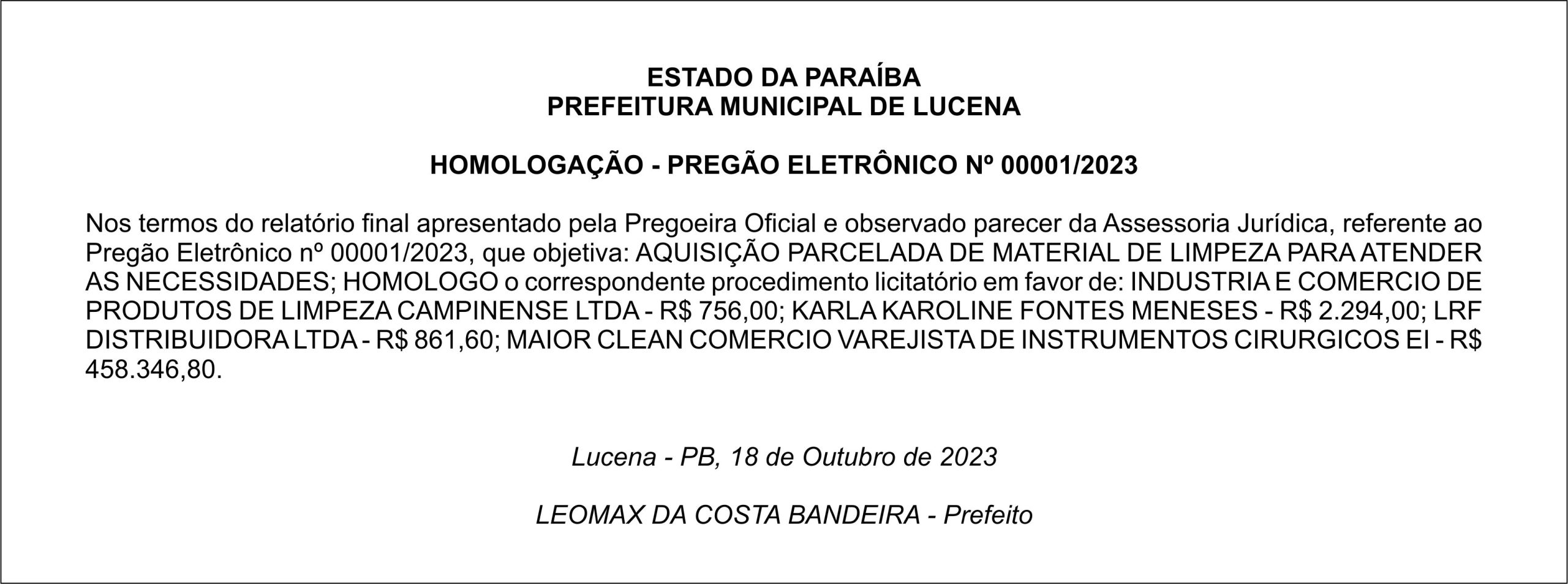PREFEITURA MUNICIPAL DE LUCENA – HOMOLOGAÇÃO – PREGÃO ELETRÔNICO Nº 00001/2023