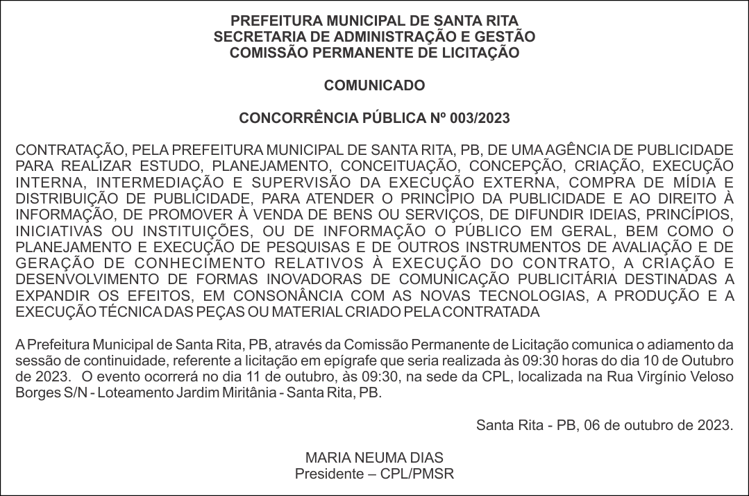 PREFEITURA MUNICIPAL DE SANTA RITA – COMUNICADO – CONCORRÊNCIA PÚBLICA Nº 003/2023