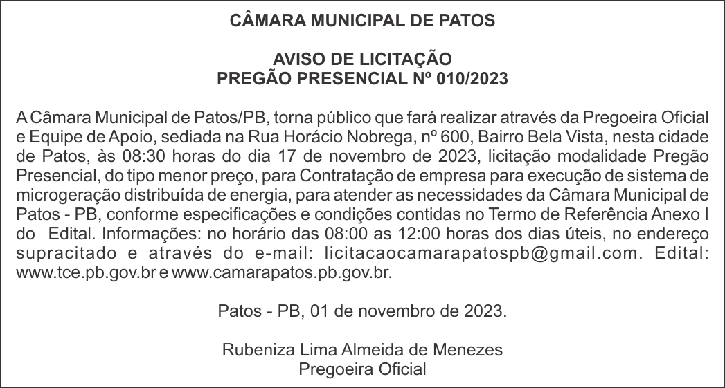 CÂMARA MUNICIPAL DE PATOS – AVISO DE LICITAÇÃO – PREGÃO PRESENCIAL Nº 010/2023
