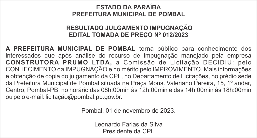 PREFEITURA MUNICIPAL DE POMBAL – RESULTADO JULGAMENTO – IMPUGNAÇÃO – EDITAL TOMADA DE PREÇO Nº 012/2023