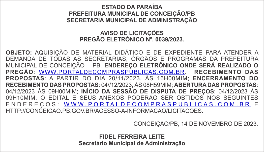 PREFEITURA MUNICIPAL DE CONCEIÇÃO/PB – AVISO DE LICITAÇÕES – PREGÃO ELETRÔNICO Nº. 0039/2023