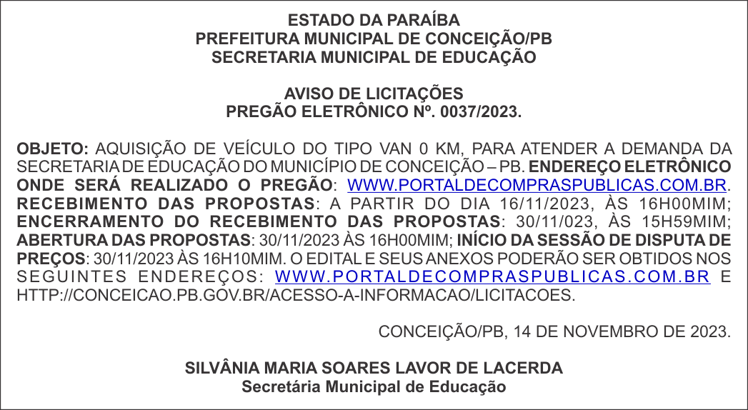 PREFEITURA MUNICIPAL DE CONCEIÇÃO/PB – AVISO DE LICITAÇÕES – PREGÃO ELETRÔNICO Nº. 0037/2023